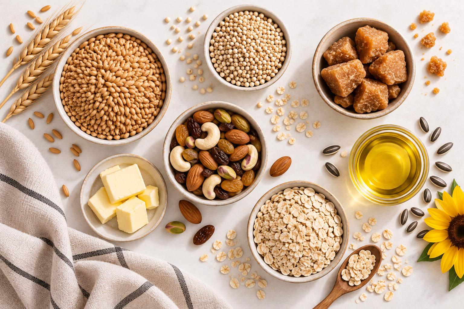 Whole wheat, sorghum, jaggery, nuts, butter, oats and sunflower oil